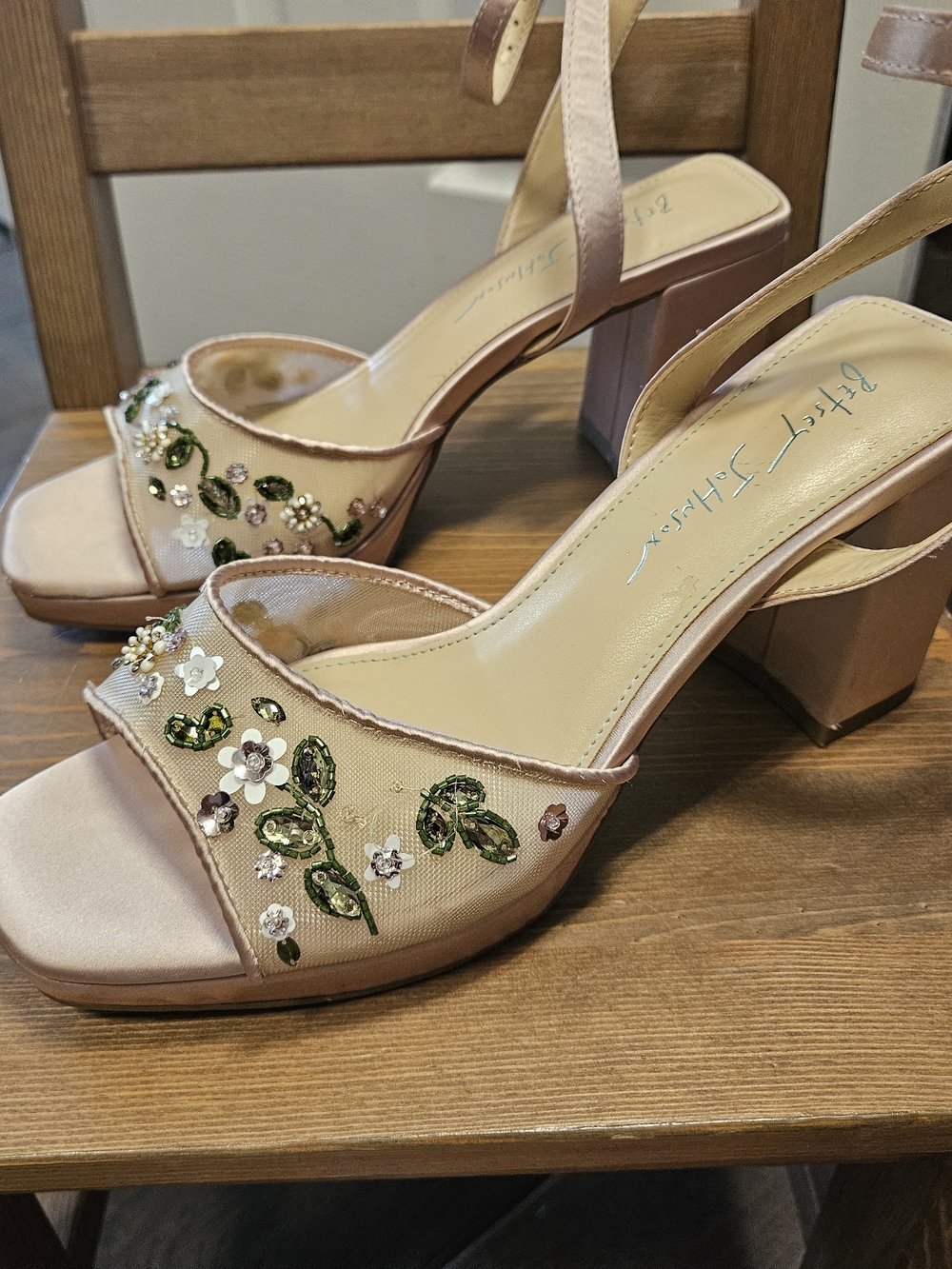 Betsey Johnson Blush Pink Satin Floral Sequin Block Heels